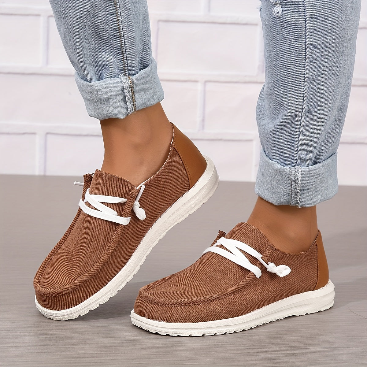 Women's Low Top Corduroy Shoes, Comfy Round Toe Low Top Slip On Shoes, Casual Flat Walking Loafers