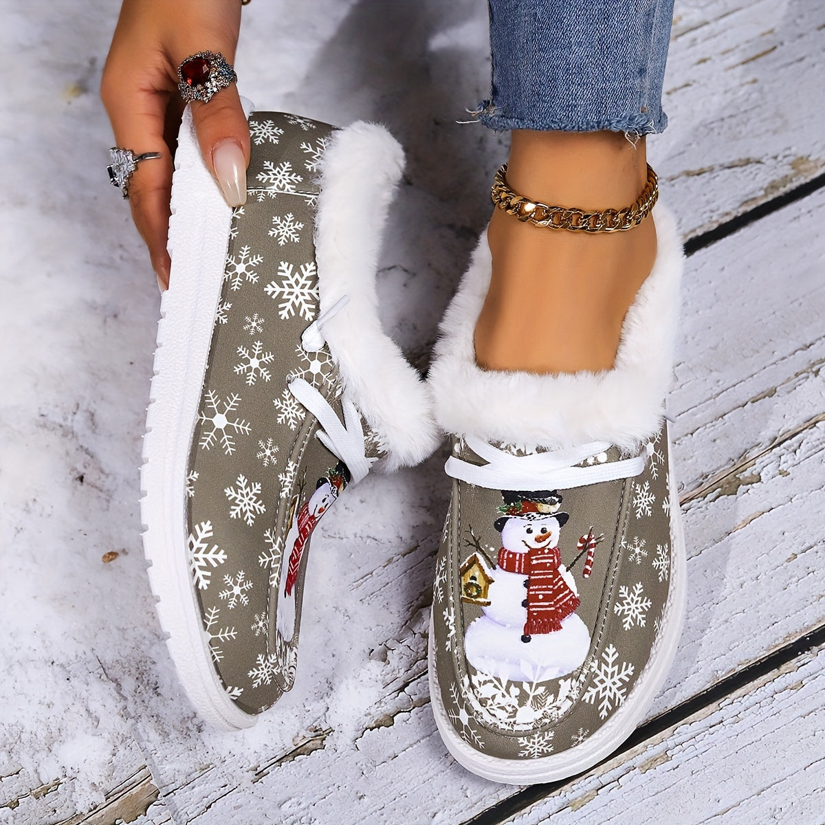 Women's Christmas Style Canvas Shoes, Snowman & Snowflake Pattern Flats, Casual Low Top Loafers